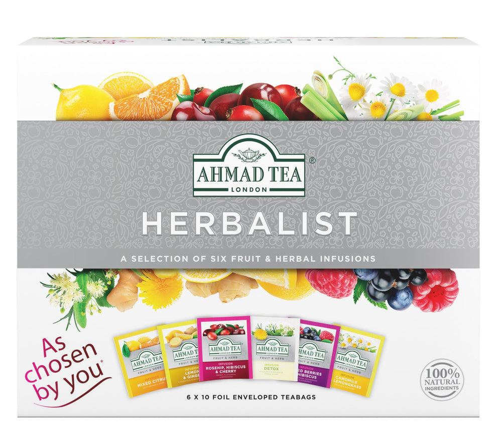 Ahmad Tea Herbalist Box varieties for a gift-ready assortment of fruit and herbal blends.
