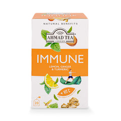Ahmad Tea Immune tea bag with lemon, ginger, and turmeric for a refreshing, caffeine-free moment