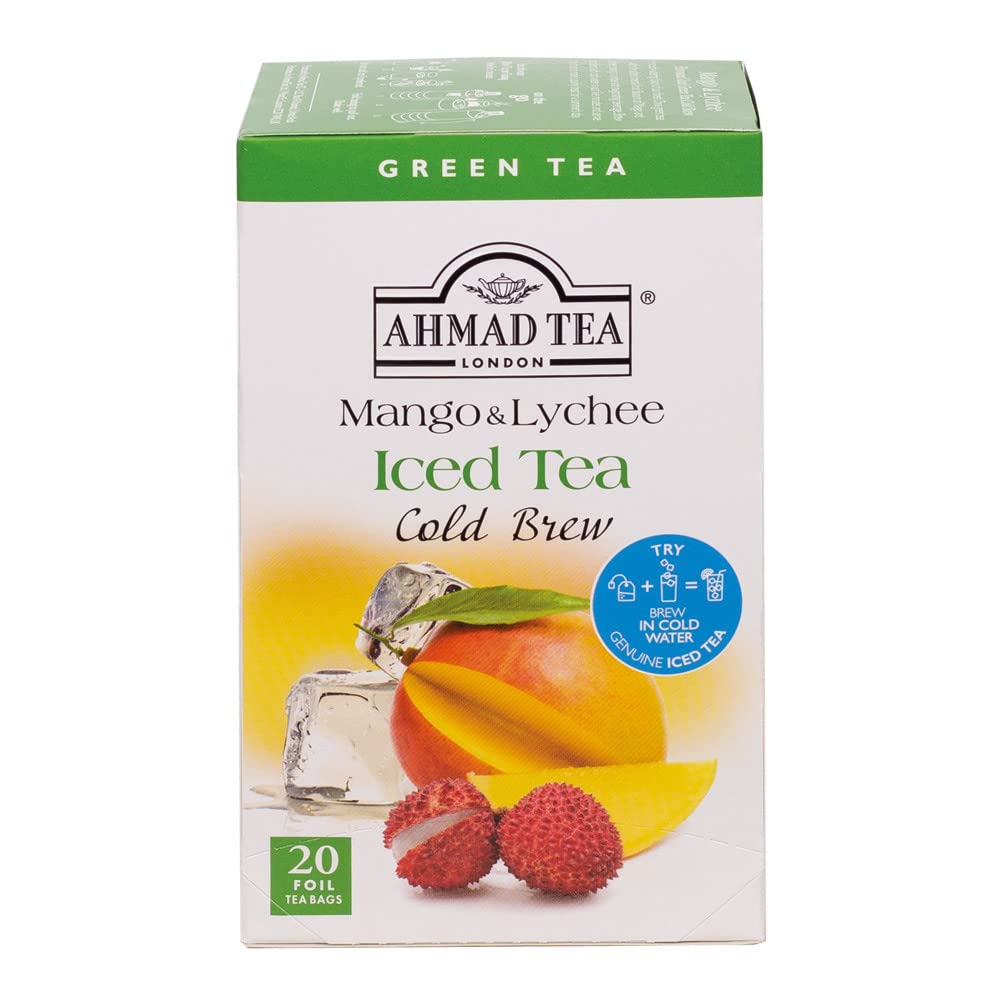 Ahmad Tea Mango Lychee Cold Brew glass shows refreshing iced tea for hot days.