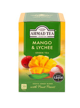 Ahmad Tea Mango & Lychee box front, six-pack green tea for everyday refreshment.