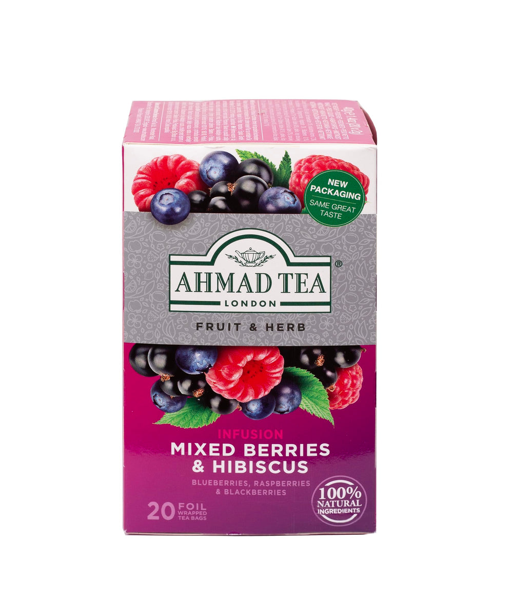 Ahmad Tea Mixed Berries Hibiscus teabags for brewing a fruity, caffeine-free infusion