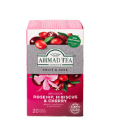 Ahmad Tea Rosehip Hibiscus Cherry tea bag ready to brew, naturally decaffeinated for a refreshing caffeine-free sip.