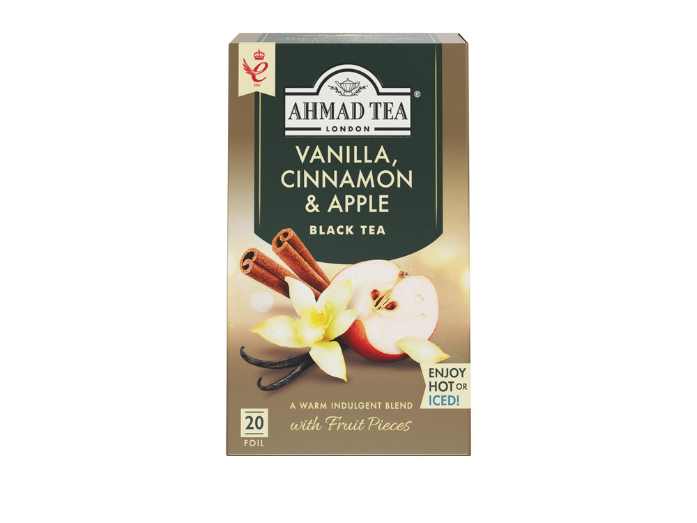 Ahmad Tea Vanilla Cinnamon Apple tea pack, inviting aroma for cozy afternoons.
