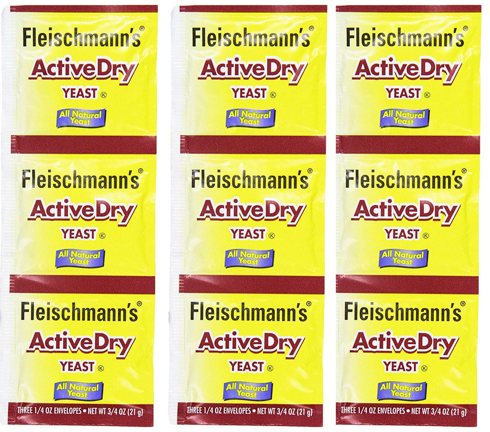 AHYGZWZSYC Fleischmann's Active Dry Yeast packaging on shelf for reliable baking.