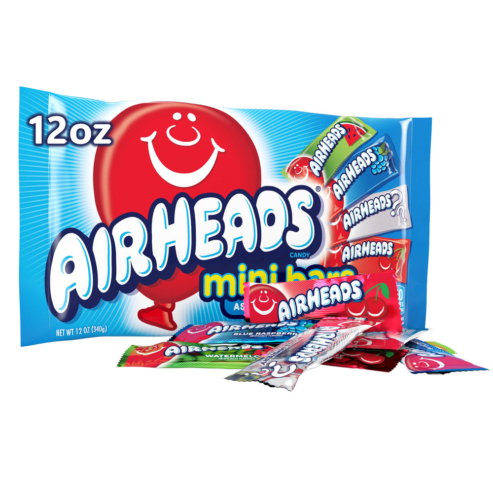 AirHeads Mini Bars with a colorful assortment of fruit flavors, ideal for party favors.