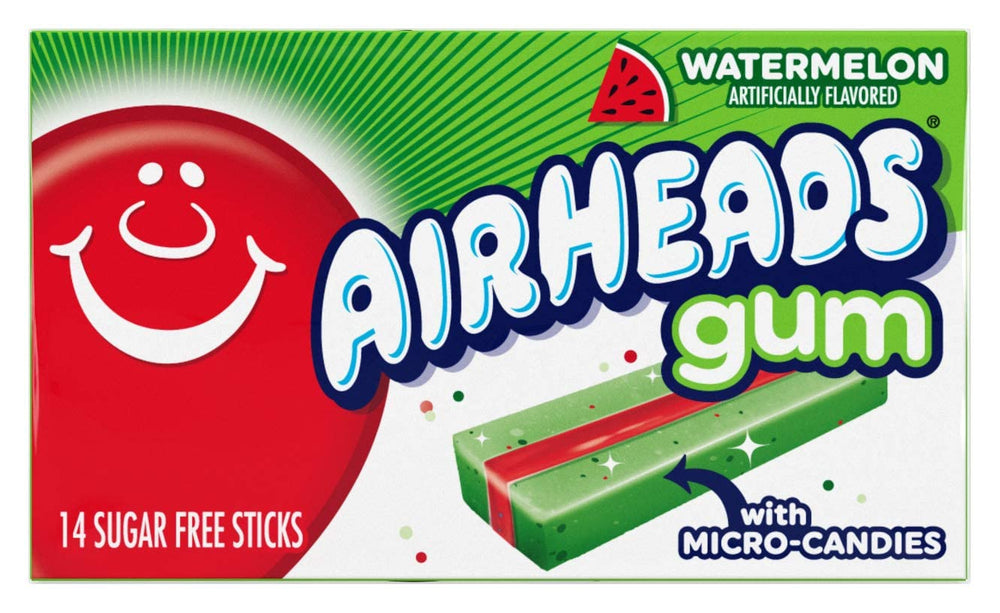 Airheads Watermelon gum stick close-up, fruity on-the-go snack.