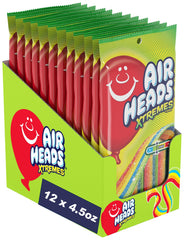Airheads Xtremes Belts Rainbow Berry packaging shows tangy candy for sharing.