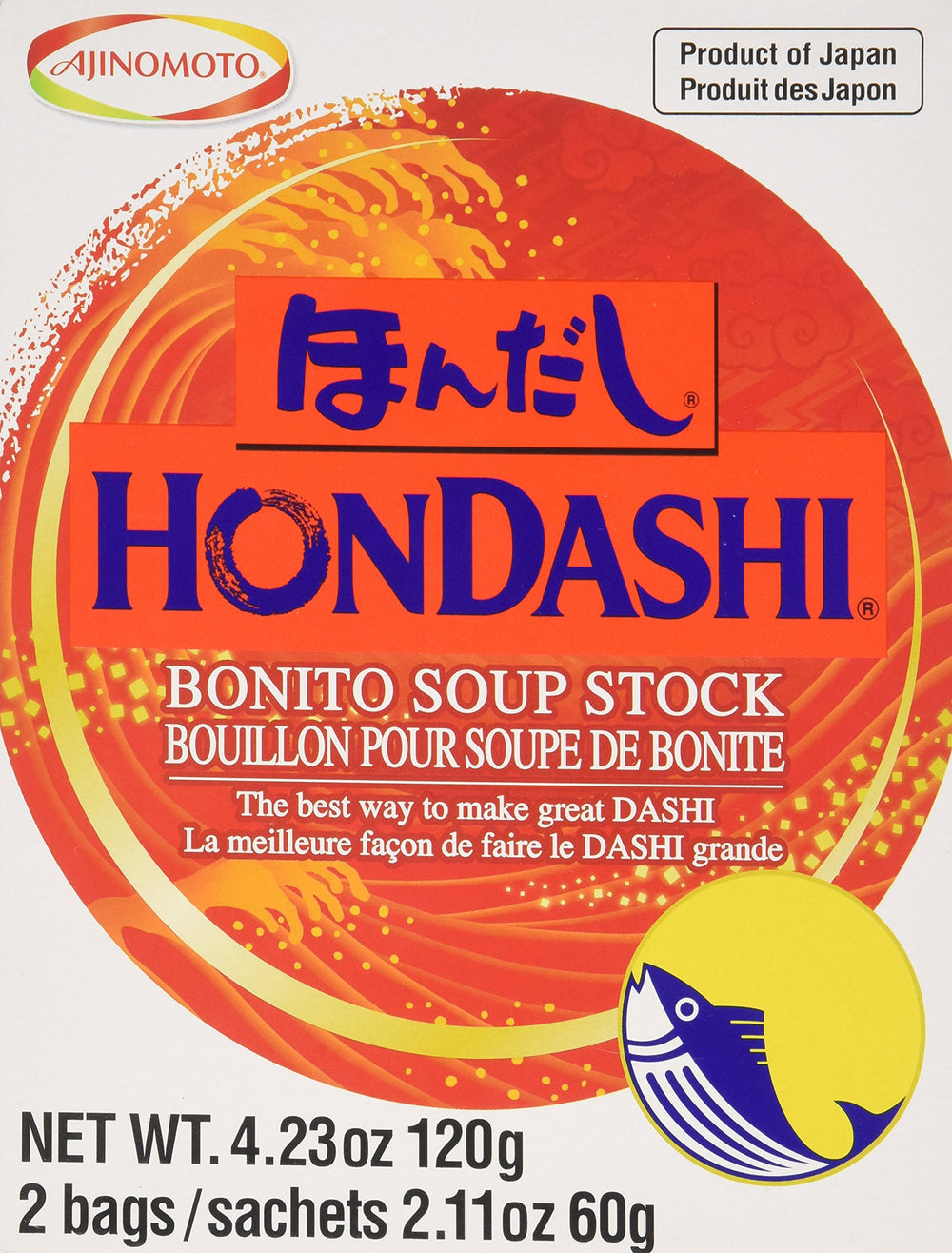 Ajinomoto Hon Dashi box with two bags for miso and noodle soups.