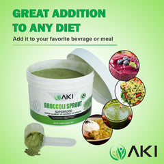 AKI Organic broccoli sprout powder being poured into a glass shows versatile mixability for beverages.