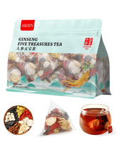 AKOIIN Ginseng Five Treasures Tea bags close-up, premium pyramid bags for a caffeine-free herbal ritual.