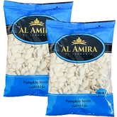 Al Amira pumpkin seeds front view with two packs, ideal for easy snacking
