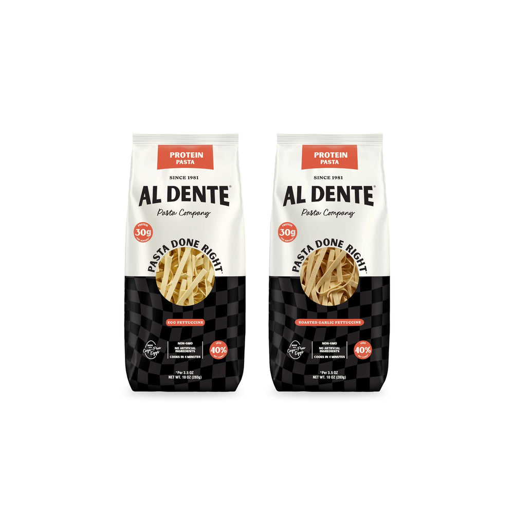 Al Dente Protein Pasta packaging highlighting egg and roasted garlic flavor for quick high protein meals