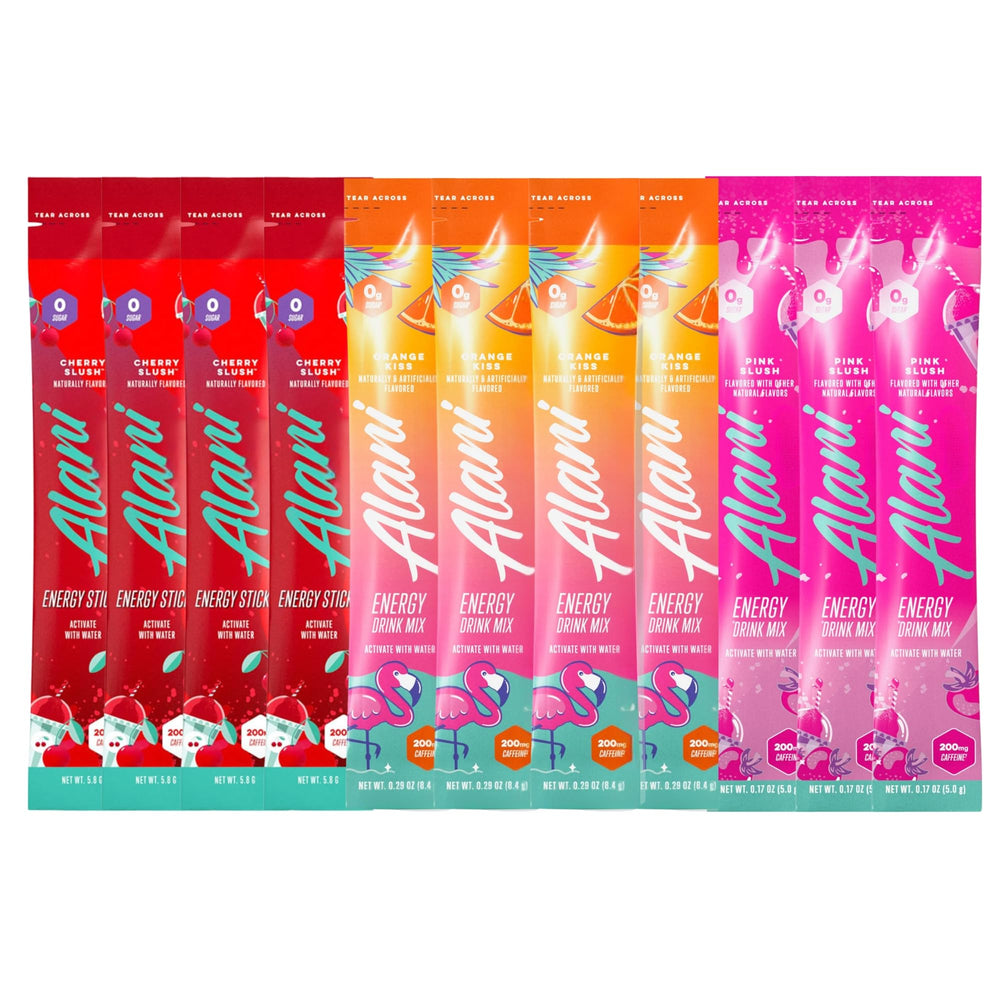 Alani Nu energy drink mix variety pack front view with three flavors for on-the-go energy