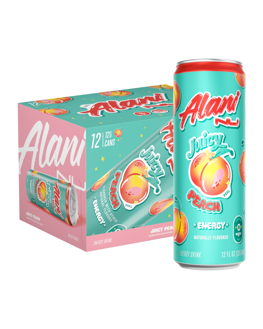 Alani Nu Juicy Peach can front, zero-sugar energy boost for busy days