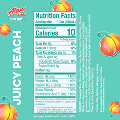Alani Nu Juicy Peach can side, bold peach flavor with caffeine