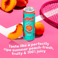Alani Nu Juicy Peach glass pour, ready-to-drink pick-me-up