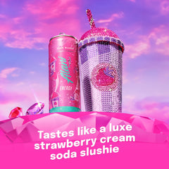 Alani Nu Pink Slush closeup label emphasizes caffeine and B vitamins.