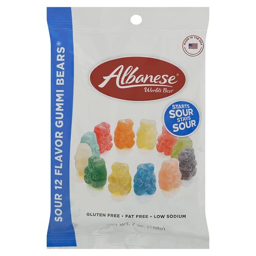 Albanese 12 Sour Flavors Gummy Bears bag with vibrant colors for party snacking