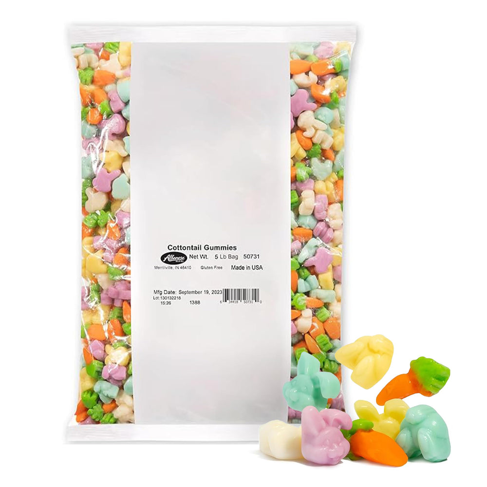 Albanese Cottontail Gummies bag open displaying vibrant Easter flavors for gifting