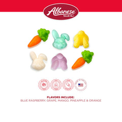 Albanese Cottontail Gummies variety flavors arranged on a tray for tastings