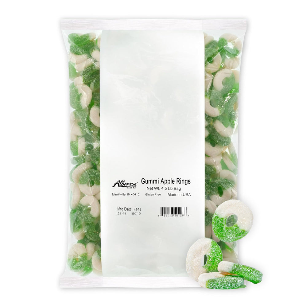 Albanese Gummi Apple Rings 4.5 lb bag, ideal for gatherings and family snacks.