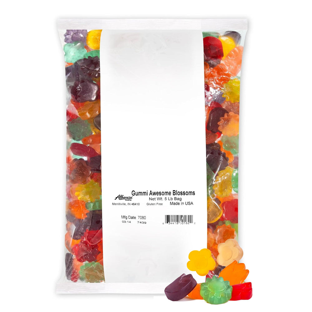 Albanese Gummi Awesome Blossoms bag front shows colorful gummies for a fruity treat