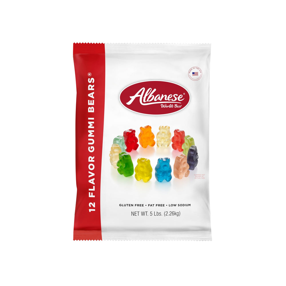 Albanese gummi bears 12 flavors front close-up, vibrant fruit tones for everyday snacking.
