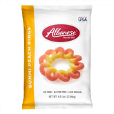 Albanese Gummi Peach Rings bag front shows bold peach flavor for a tasty snack.