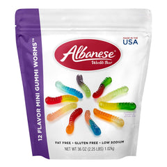 Albanese World's Best 12-Flavor Gummi Worms bag offers a shareable fruity snack