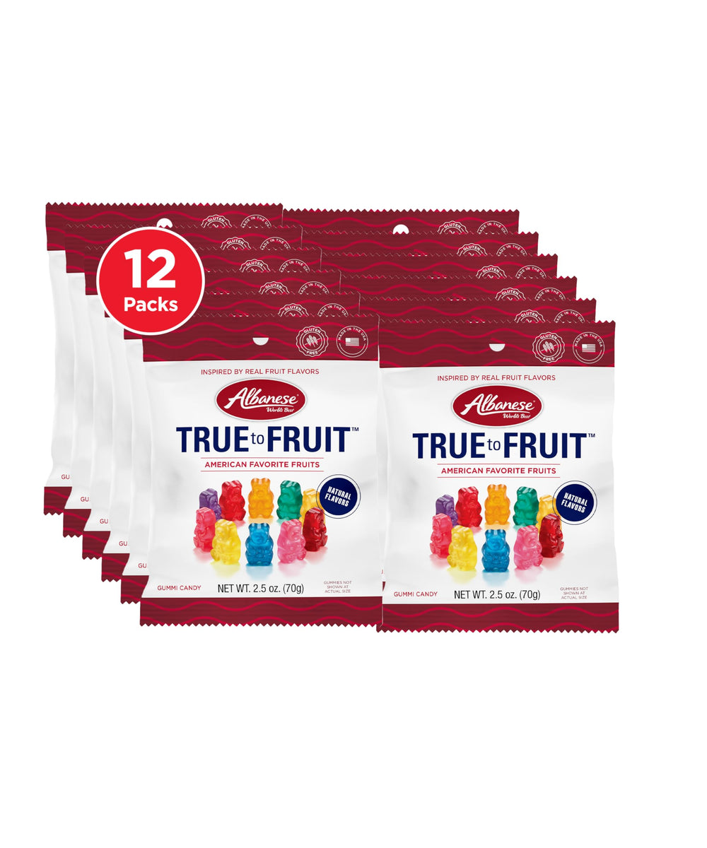 Albanese World's Best True to Fruit bears on packaging front, premium snack experience.