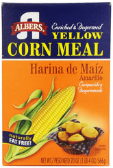 Albers Yellow Corn Meal box front showing premium corn for family meals and easy cooking