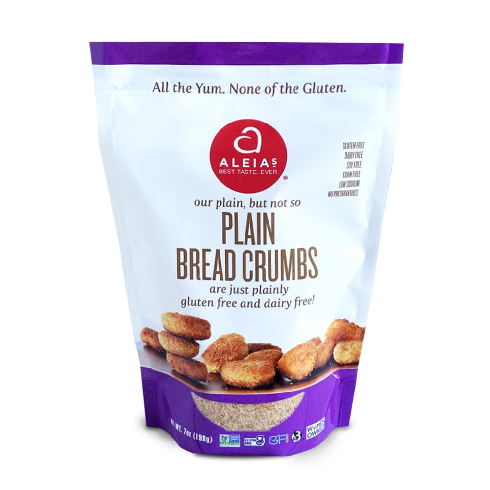 Aleia’s Best gluten-free plain breadcrumbs poured over chicken for crispy coating.
