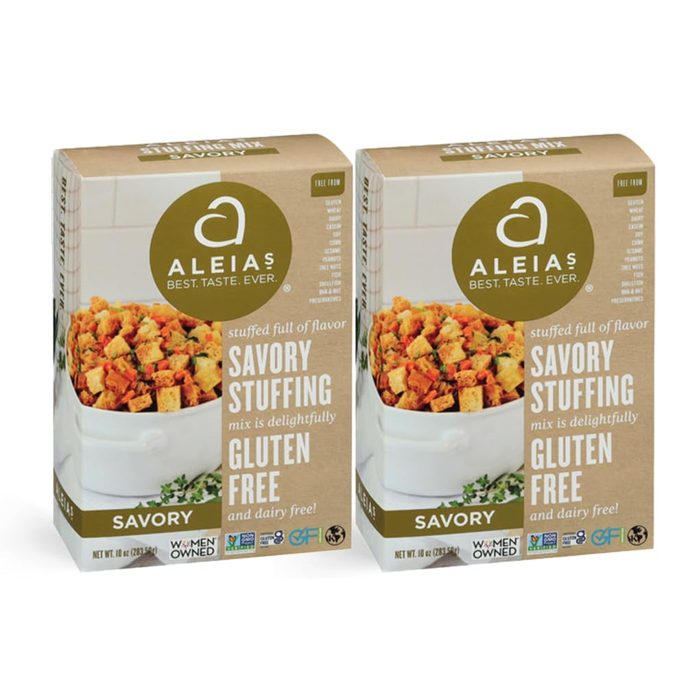 Aleia's Best Savory Stuffing two-pack boxes on a pantry shelf for gluten-free meals.