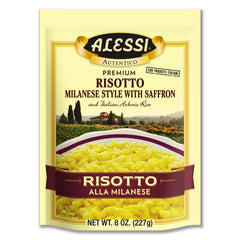 Alessi Autentico risotto Milanese pack-shot highlights premium saffron rice for authentic flavor.