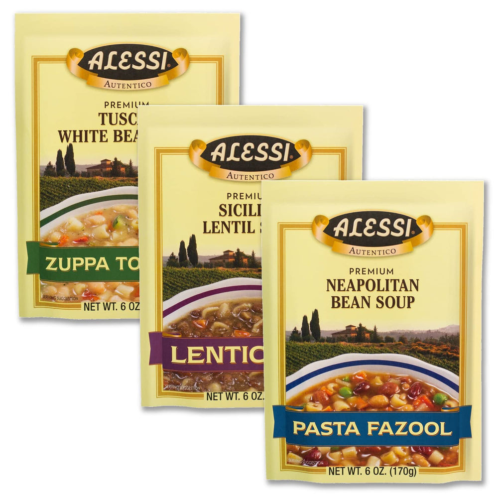 Alessi Autentico variety pack display for quick, comforting Italian soups at home.