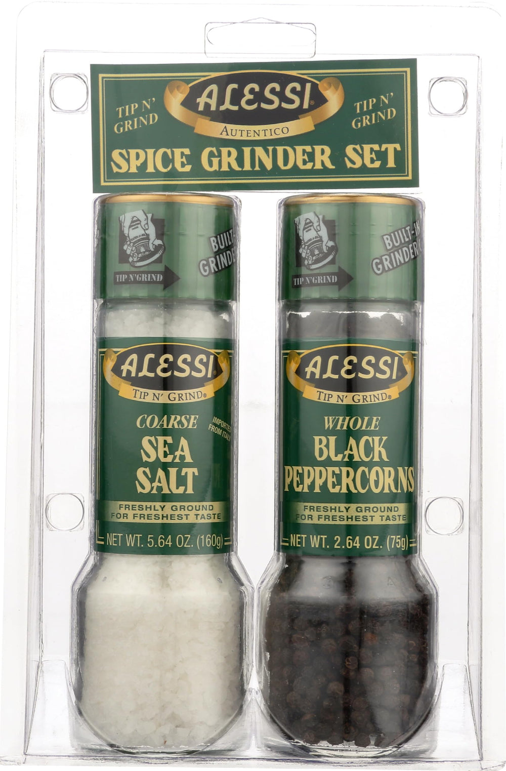 Alessi salt and pepper grinder set, front view for stylish table seasoning.