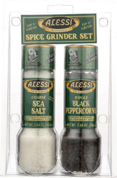 Alessi salt and pepper grinder set, front view for stylish table seasoning.