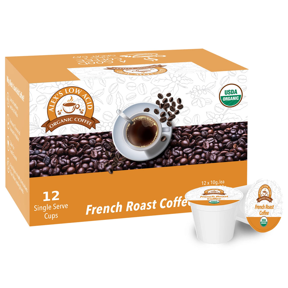 Alex's Low Acid Organic Coffee French Roast pod delivers smooth flavor for sensitive stomachs.