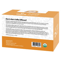 Alex's Low Acid Organic Coffee shows the USDA Organic seal and clean ingredients.