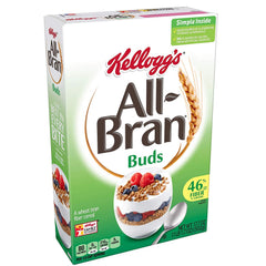 All-Bran Buds cereal box front showing packaging and fiber-rich breakfast option