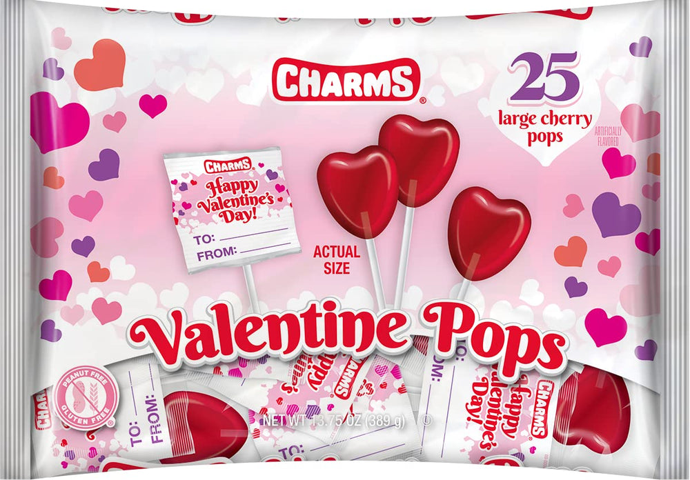 All City Candy Charms Cherry Valentine Pops pack with two 25-piece bags, ideal for Valentine's gifting.