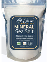 All Goods Mineral Sea Salt fine grain enhances flavor with a rich mineral profile.