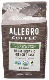 Allegro Coffee Decaf Organic French Roast bag with scoop for easy at home brewing.