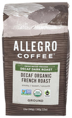 Allegro Coffee Decaf Organic French Roast bag with scoop for easy at home brewing.