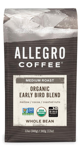 Allegro Coffee Early Bird Blend whole-bean bag-front, ideal for everyday mornings