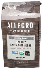 Allegro Coffee Early Bird Ground Coffee bag shows premium shade-grown beans for smooth flavor.