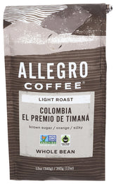 Allegro Coffee El Premio De Timana whole bean 12 oz, bright aroma for flavorful brews.