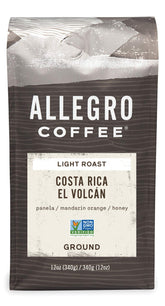 Allegro Coffee El Volcán Ground bag label highlights sustainable sourcing and a light roast.