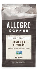 Allegro Coffee El Volcán Ground bag label highlights sustainable sourcing and a light roast.