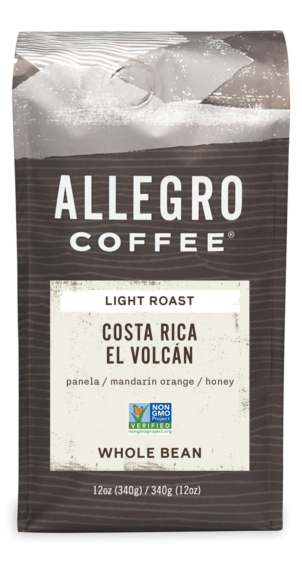 Allegro Coffee El Volcán whole bean bag shows sustainable sourcing and flavor potential.